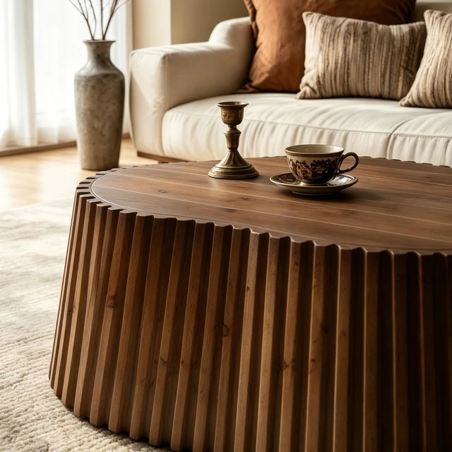 Alt view image 5 of 7 - 31.5 Inch Scalloped Coffee Table, Fluted Wood Coffee Table with Veneer Top and Solid Slat Sides Organic Curved