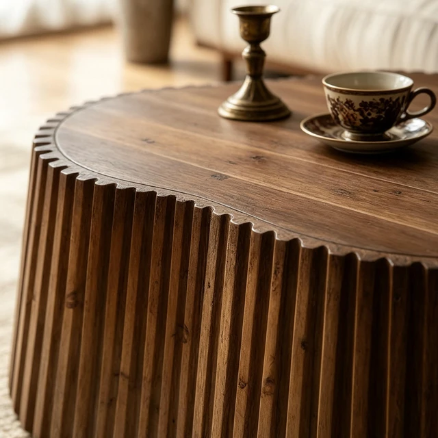 Alt view image 4 of 7 - 31.5 Inch Scalloped Coffee Table, Fluted Wood Coffee Table with Veneer Top and Solid Slat Sides Organic Curved