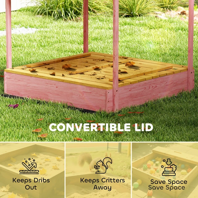 Alt view image 5 of 7 - Wooden Sandbox with Cover, Kids Sandbox Outdoor with Bench Seats Bottom Liner Canopy for Kids Ages 3 Flamingos Print