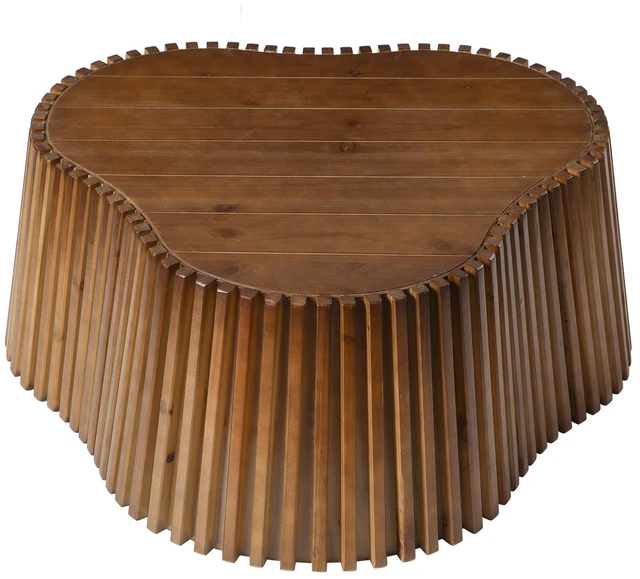 Alt view image 7 of 7 - 31.5 Inch Scalloped Coffee Table, Fluted Wood Coffee Table with Veneer Top and Solid Slat Sides Organic Curved
