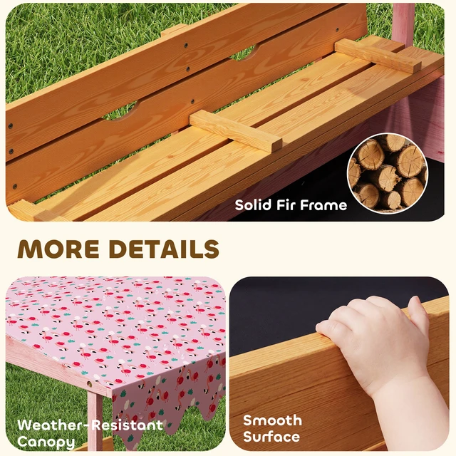 Alt view image 3 of 7 - Wooden Sandbox with Cover, Kids Sandbox Outdoor with Bench Seats Bottom Liner Canopy for Kids Ages 3 Flamingos Print