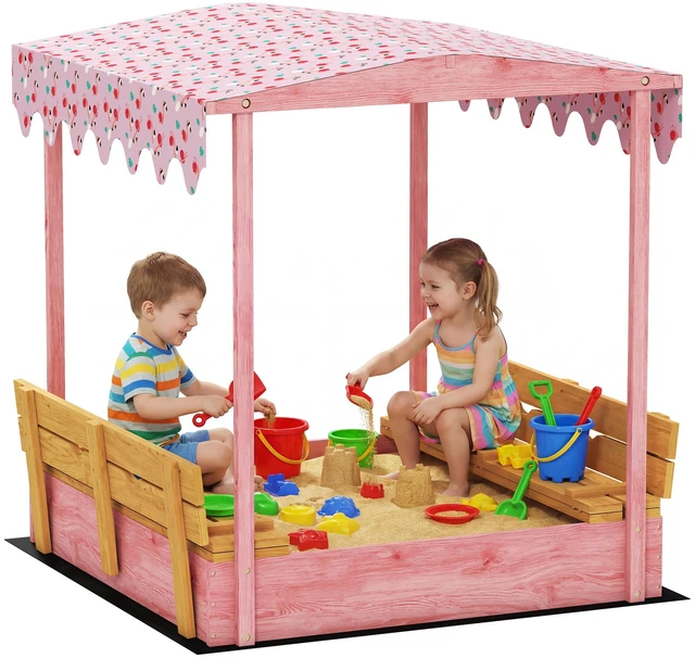 Main image of Wooden Sandbox with Cover, Kids Sandbox Outdoor with Bench Seats Bottom Liner Canopy for Kids Ages 3 Flamingos Print