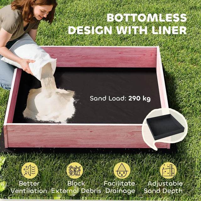 Alt view image 4 of 7 - Wooden Sandbox with Cover, Kids Sandbox Outdoor with Bench Seats Bottom Liner Canopy for Kids Ages 3 Flamingos Print