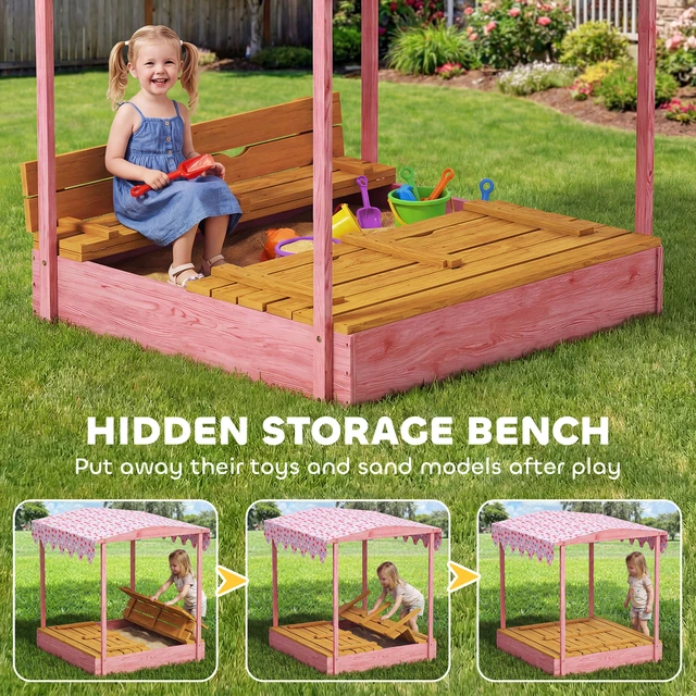 Alt view image 6 of 7 - Wooden Sandbox with Cover, Kids Sandbox Outdoor with Bench Seats Bottom Liner Canopy for Kids Ages 3 Flamingos Print