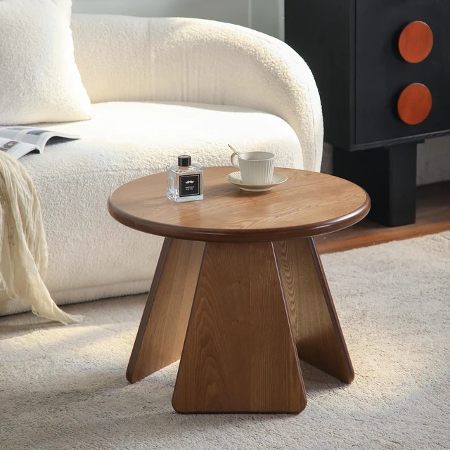 Alt view image 2 of 5 - 23.23 Inch Round Side Table, Small Wood Coffee Table with Three Slanted Legs Accent for Living, Natural Wood, Solid