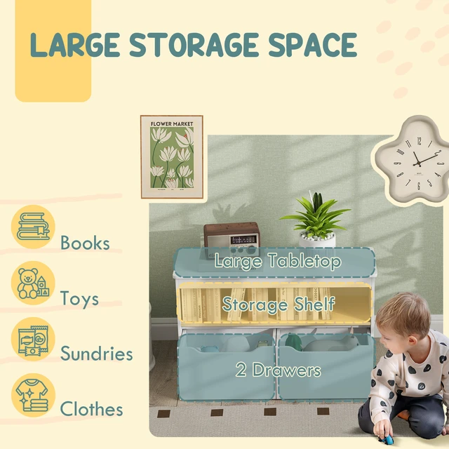 Alt view image 6 of 7 - Toy Storage Organizer, Kids Bookshelf with 2 Drawers Toy Shelf Large Top Organizer for Living, White, MDF, Youth Kids