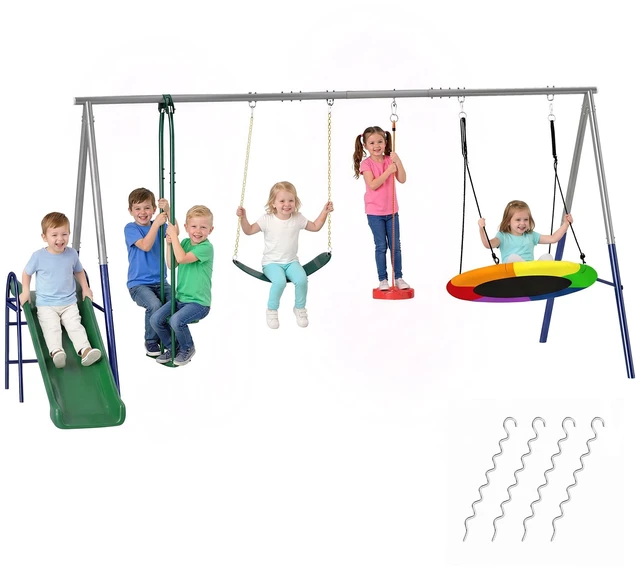 Main image of Kids Swing Set, 770 LBS Capacity Heavy Duty Metal Outdoor Playset with Slide Saucer Swing Belt Glider and Standing