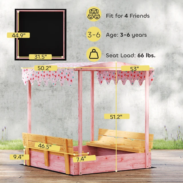Alt view image 7 of 7 - Wooden Sandbox with Cover, Kids Sandbox Outdoor with Bench Seats Bottom Liner Canopy for Kids Ages 3 Flamingos Print