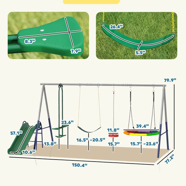 Alt view image 7 of 7 - Kids Swing Set, 770 LBS Capacity Heavy Duty Metal Outdoor Playset with Slide Saucer Swing Belt Glider and Standing
