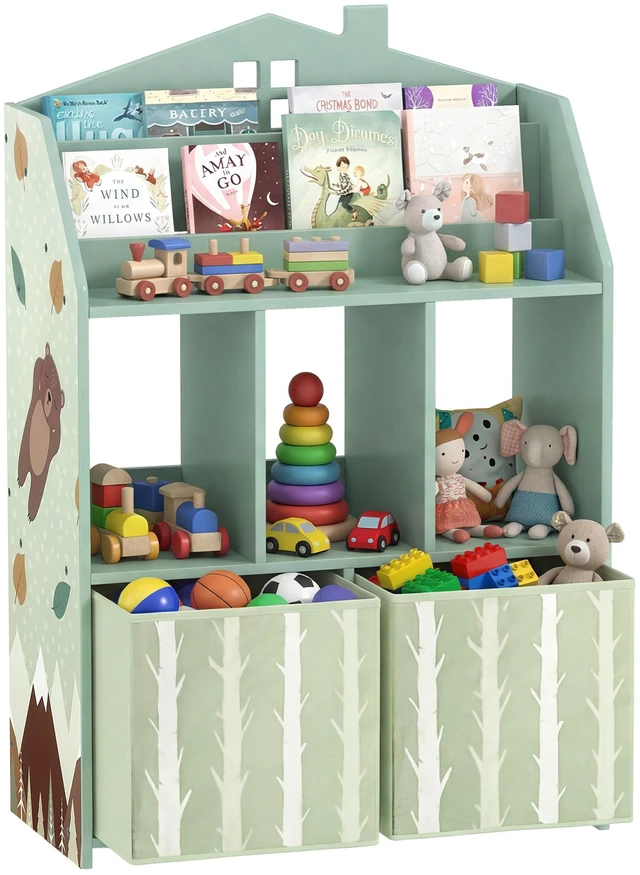 Main image of Kids Bookshelf with Toy Storage, Children Bookcase with Book Display Shelves and Fabric Drawers Toy Organizer