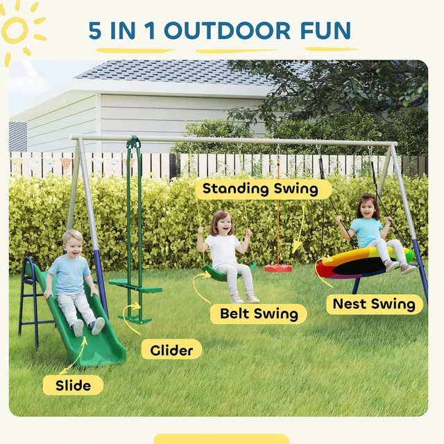 Alt view image 6 of 7 - Kids Swing Set, 770 LBS Capacity Heavy Duty Metal Outdoor Playset with Slide Saucer Swing Belt Glider and Standing