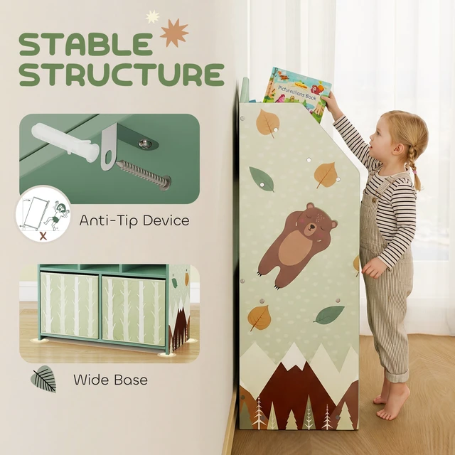 Alt view image 4 of 7 - Kids Bookshelf with Toy Storage, Children Bookcase with Book Display Shelves and Fabric Drawers Toy Organizer