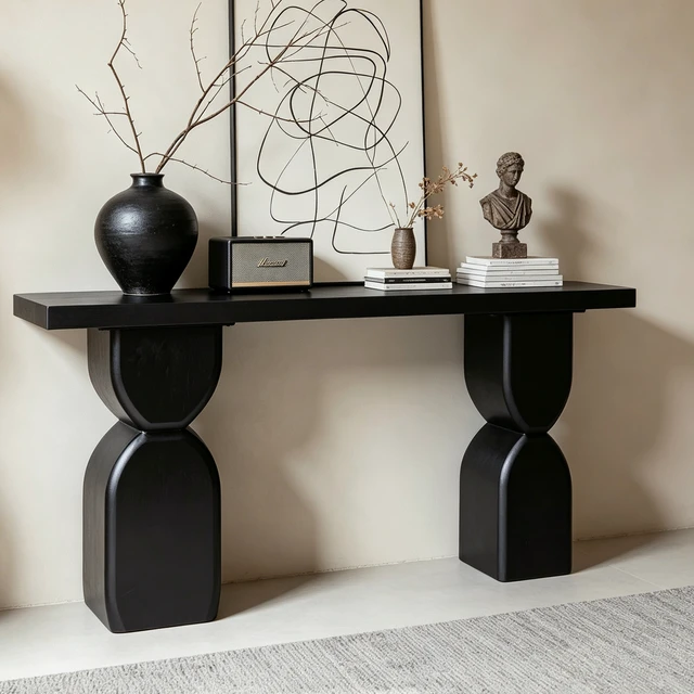 Alt view image 2 of 7 - 47.24 Inch Console Table, Irregular Shaped Entryway Table with Veneer Finish Sofa for Living and Entryway, Black, Solid