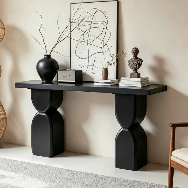 Alt view image 3 of 7 - 47.24 Inch Console Table, Irregular Shaped Entryway Table with Veneer Finish Sofa for Living and Entryway, Black, Solid