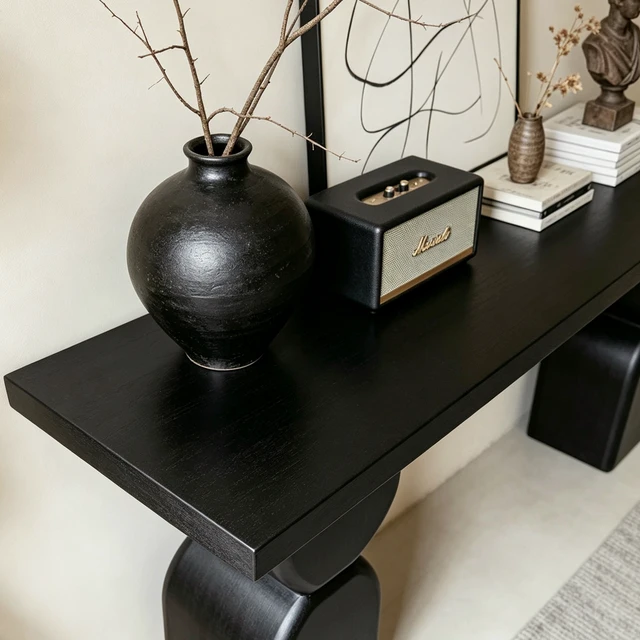 Alt view image 4 of 7 - 47.24 Inch Console Table, Irregular Shaped Entryway Table with Veneer Finish Sofa for Living and Entryway, Black, Solid