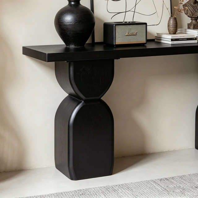 Alt view image 5 of 7 - 47.24 Inch Console Table, Irregular Shaped Entryway Table with Veneer Finish Sofa for Living and Entryway, Black, Solid
