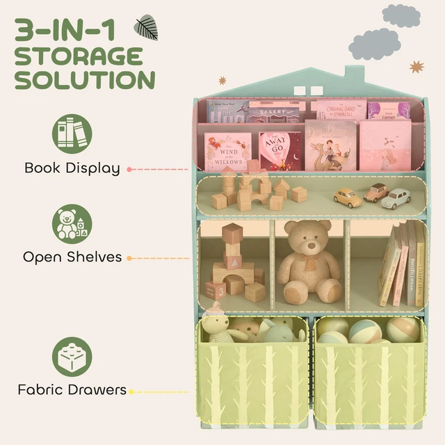 Alt view image 6 of 7 - Kids Bookshelf with Toy Storage, Children Bookcase with Book Display Shelves and Fabric Drawers Toy Organizer