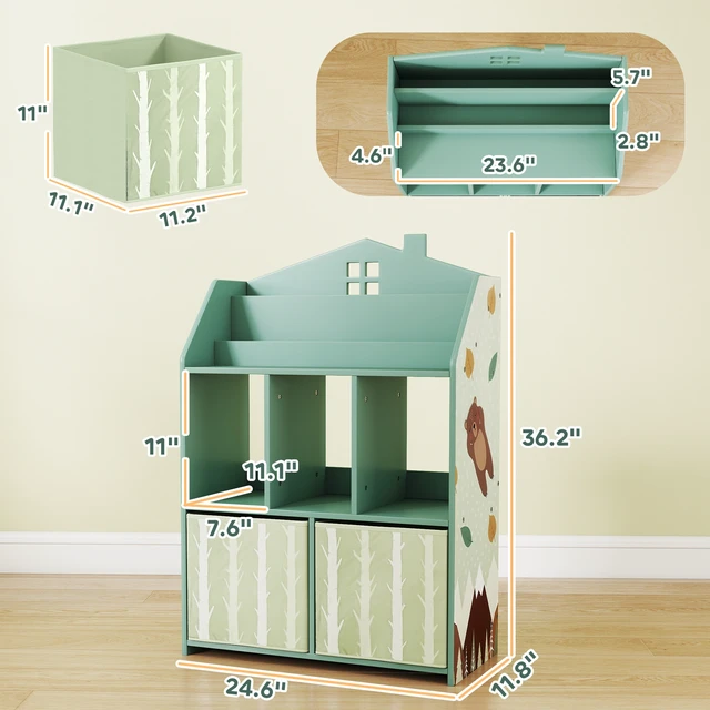 Alt view image 7 of 7 - Kids Bookshelf with Toy Storage, Children Bookcase with Book Display Shelves and Fabric Drawers Toy Organizer