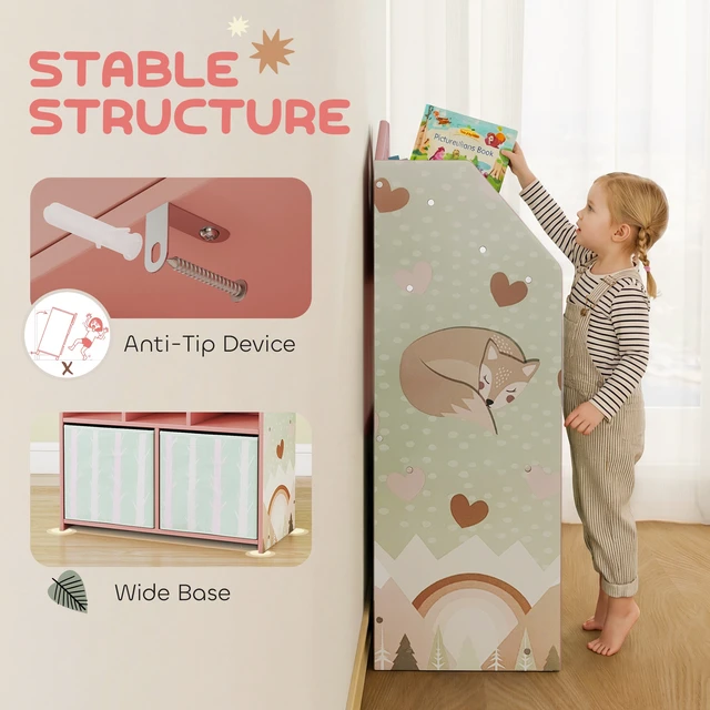 Alt view image 4 of 7 - Kids Bookshelf with Toy Storage, Children Bookcase with Book Display Shelves and Fabric Drawers Toy Organizer