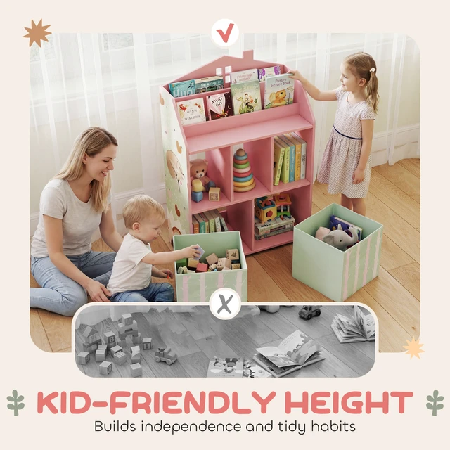 Alt view image 5 of 7 - Kids Bookshelf with Toy Storage, Children Bookcase with Book Display Shelves and Fabric Drawers Toy Organizer