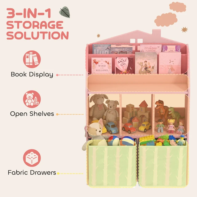Alt view image 6 of 7 - Kids Bookshelf with Toy Storage, Children Bookcase with Book Display Shelves and Fabric Drawers Toy Organizer