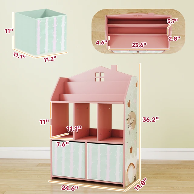 Alt view image 7 of 7 - Kids Bookshelf with Toy Storage, Children Bookcase with Book Display Shelves and Fabric Drawers Toy Organizer