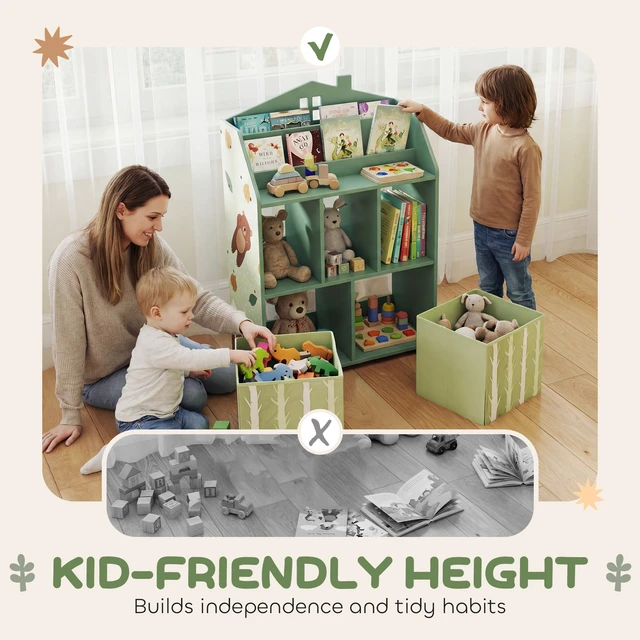 Alt view image 5 of 7 - Kids Bookshelf with Toy Storage, Children Bookcase with Book Display Shelves and Fabric Drawers Toy Organizer