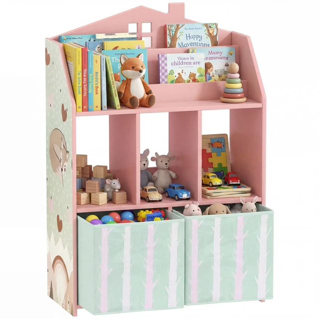 Main image of Kids Bookshelf with Toy Storage, Children Bookcase with Book Display Shelves and Fabric Drawers Toy Organizer