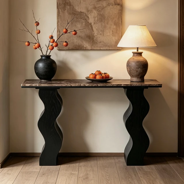 Main image of 47.24 Inch Console Table, Entryway Table with Wave Wood Legs Mid-Century Sofa for Living and Entryway, Black, Marble