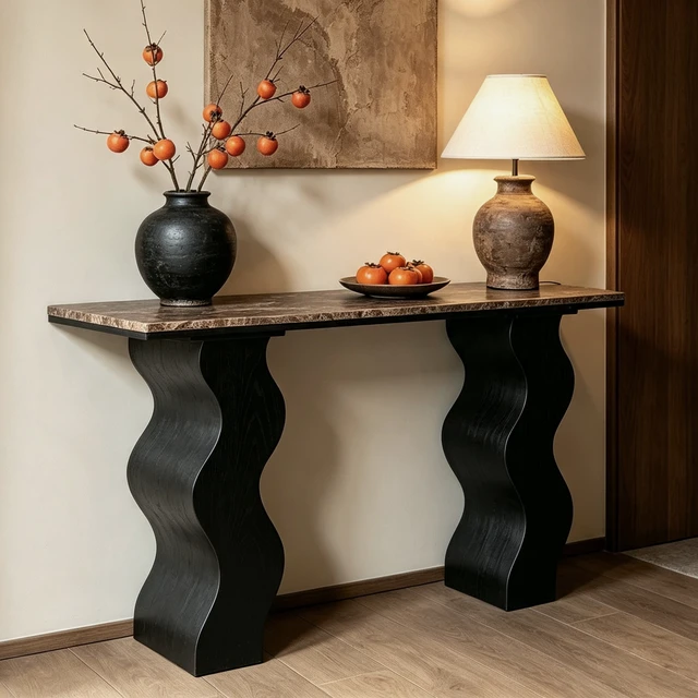 Alt view image 2 of 7 - 47.24 Inch Console Table, Entryway Table with Wave Wood Legs Mid-Century Sofa for Living and Entryway, Black, Marble