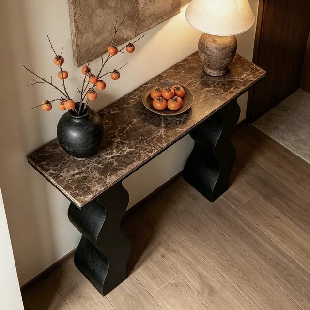 Alt view image 4 of 7 - 47.24 Inch Console Table, Entryway Table with Wave Wood Legs Mid-Century Sofa for Living and Entryway, Black, Marble