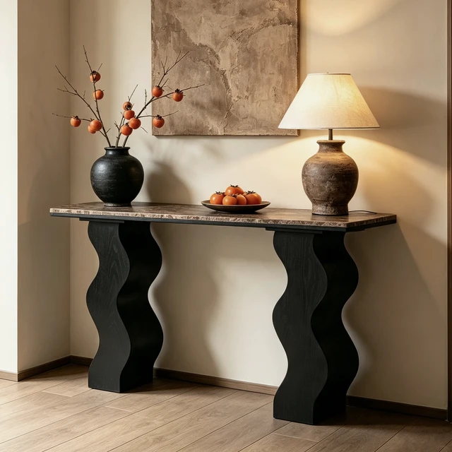 Alt view image 3 of 7 - 47.24 Inch Console Table, Entryway Table with Wave Wood Legs Mid-Century Sofa for Living and Entryway, Black, Marble