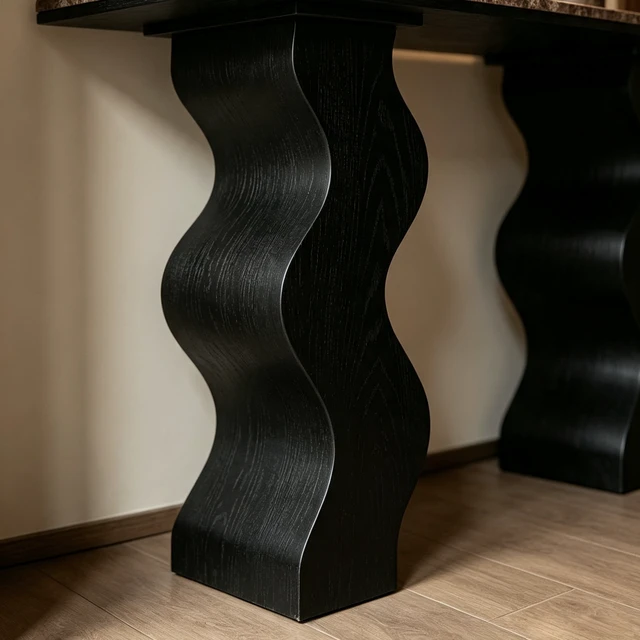 Alt view image 6 of 7 - 47.24 Inch Console Table, Entryway Table with Wave Wood Legs Mid-Century Sofa for Living and Entryway, Black, Marble
