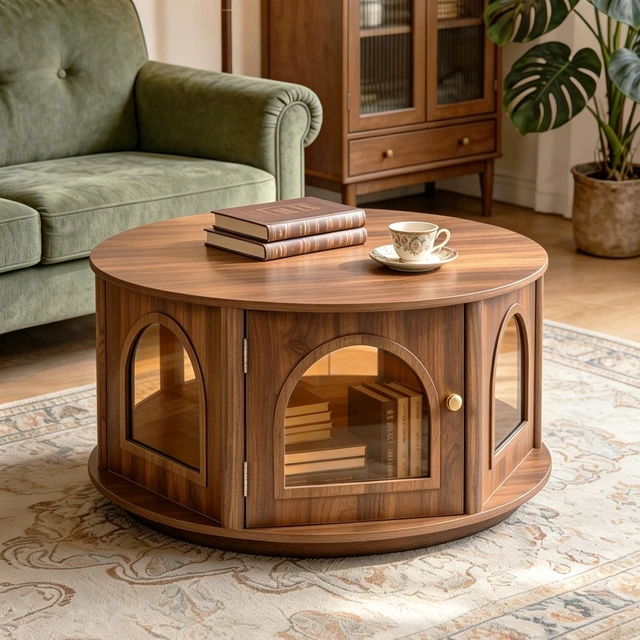 Main image of 31.5 Inch Round Coffee Table with Storage, Arched Glass Door Pet Table in Wood Grain Mid-Century Furniture for Living
