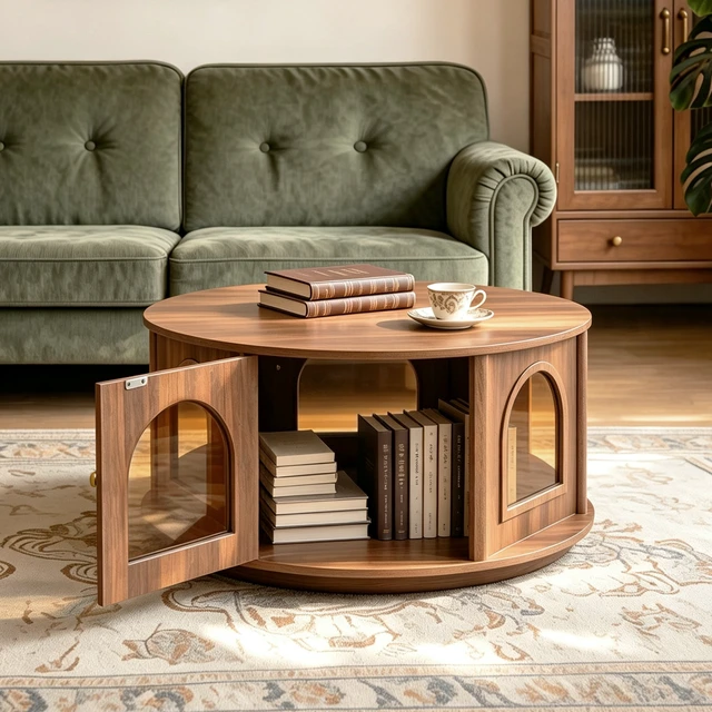 Alt view image 2 of 7 - 31.5 Inch Round Coffee Table with Storage, Arched Glass Door Pet Table in Wood Grain Mid-Century Furniture for Living