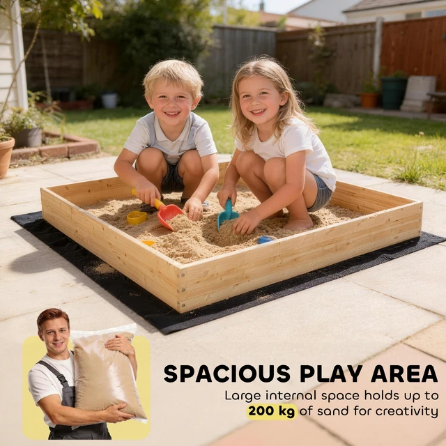 Alt view image 3 of 7 - Wooden Sandbox with Digger, Kids Sandbox Outdoor with 360° Rotating Seat Fir Sand Pit with Bottom Liner Power for Kids
