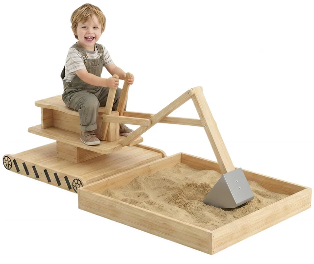 Main image of Wooden Sandbox with Digger, Kids Sandbox Outdoor with 360° Rotating Seat Fir Sand Pit with Bottom Liner Power for Kids