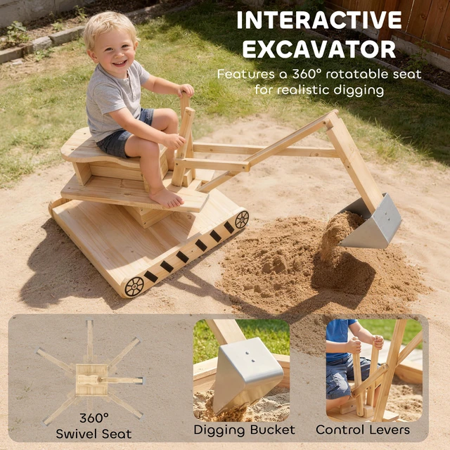 Alt view image 5 of 7 - Wooden Sandbox with Digger, Kids Sandbox Outdoor with 360° Rotating Seat Fir Sand Pit with Bottom Liner Power for Kids