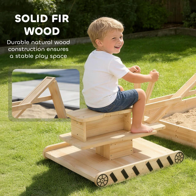 Alt view image 4 of 7 - Wooden Sandbox with Digger, Kids Sandbox Outdoor with 360° Rotating Seat Fir Sand Pit with Bottom Liner Power for Kids