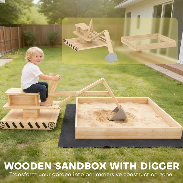 Alt view image 6 of 7 - Wooden Sandbox with Digger, Kids Sandbox Outdoor with 360° Rotating Seat Fir Sand Pit with Bottom Liner Power for Kids