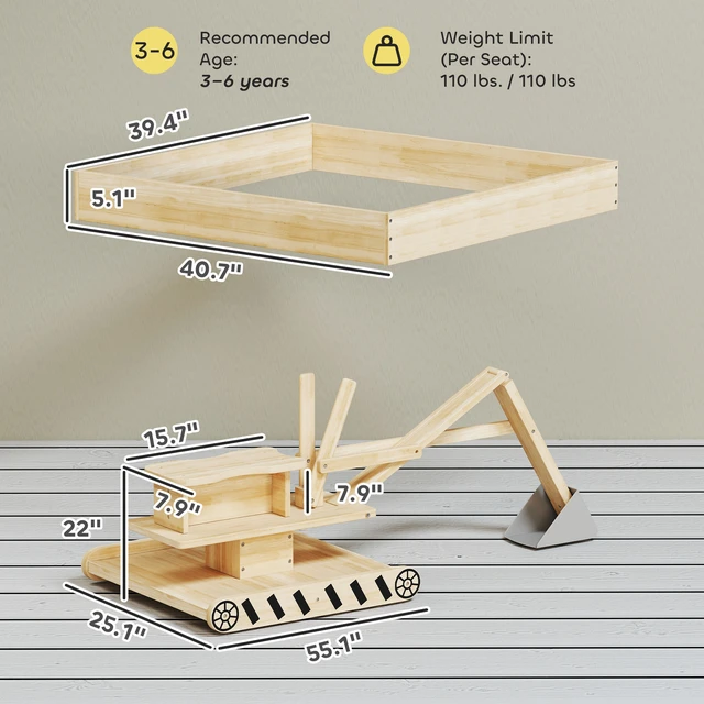 Alt view image 7 of 7 - Wooden Sandbox with Digger, Kids Sandbox Outdoor with 360° Rotating Seat Fir Sand Pit with Bottom Liner Power for Kids