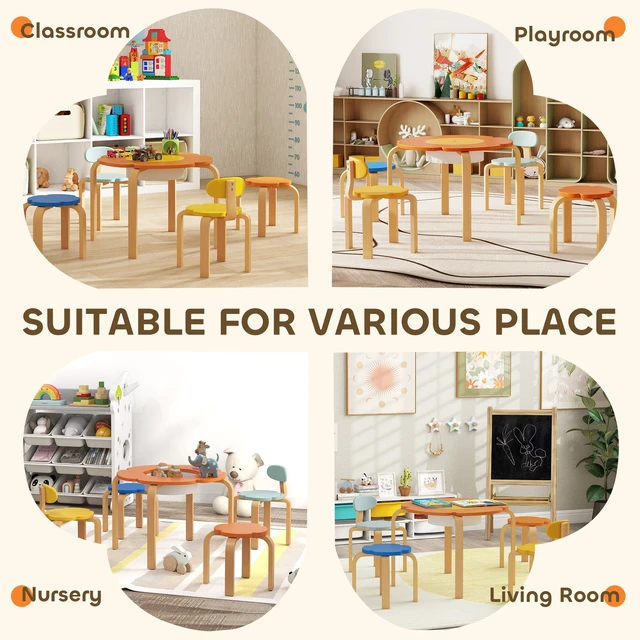 Alt view image 2 of 7 - Kids Table and Chairs Set, 5 Piece Wooden Toddler Table and Chair Set with Built in Storage Flower Shape Activity