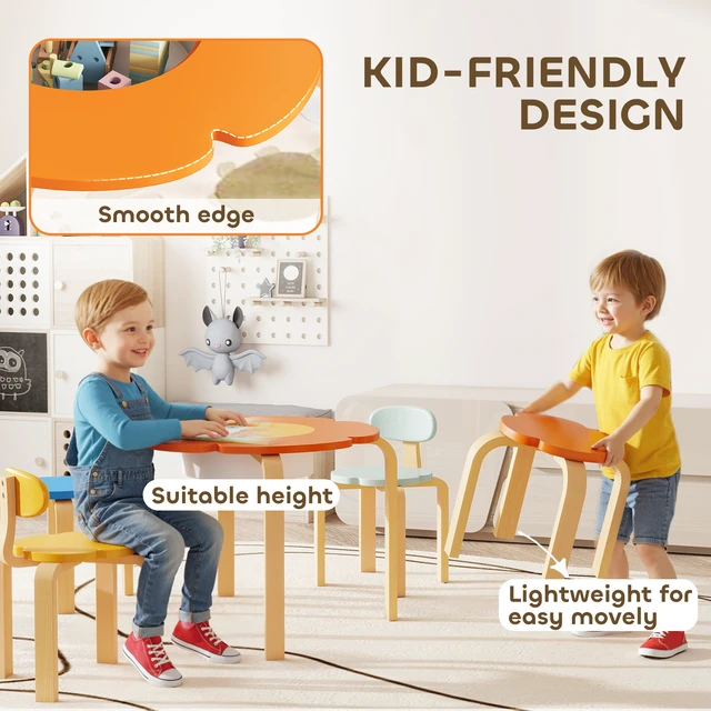 Alt view image 3 of 7 - Kids Table and Chairs Set, 5 Piece Wooden Toddler Table and Chair Set with Built in Storage Flower Shape Activity
