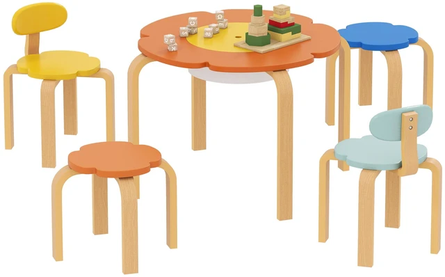 Main image of Kids Table and Chairs Set, 5 Piece Wooden Toddler Table and Chair Set with Built in Storage Flower Shape Activity