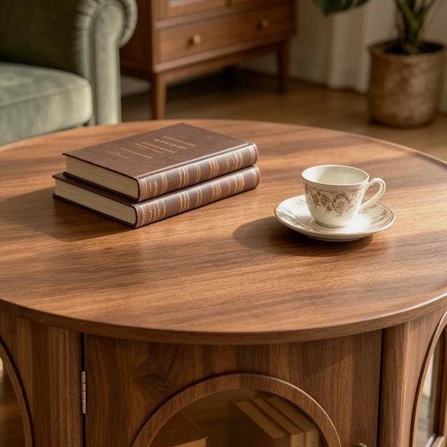 Alt view image 5 of 7 - 31.5 Inch Round Coffee Table with Storage, Arched Glass Door Pet Table in Wood Grain Mid-Century Furniture for Living