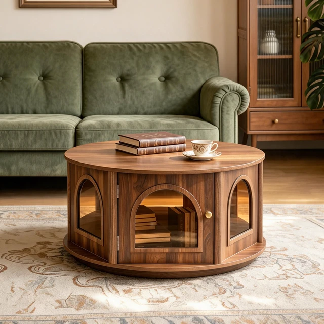 Alt view image 4 of 7 - 31.5 Inch Round Coffee Table with Storage, Arched Glass Door Pet Table in Wood Grain Mid-Century Furniture for Living