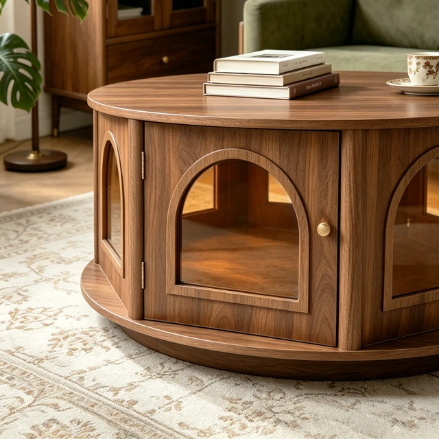 Alt view image 6 of 7 - 31.5 Inch Round Coffee Table with Storage, Arched Glass Door Pet Table in Wood Grain Mid-Century Furniture for Living