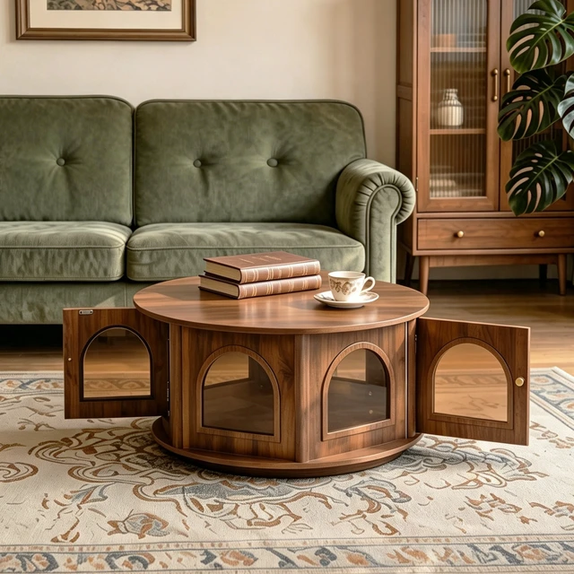 Alt view image 3 of 7 - 31.5 Inch Round Coffee Table with Storage, Arched Glass Door Pet Table in Wood Grain Mid-Century Furniture for Living