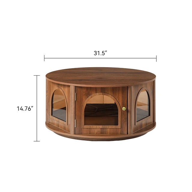 Alt view image 7 of 7 - 31.5 Inch Round Coffee Table with Storage, Arched Glass Door Pet Table in Wood Grain Mid-Century Furniture for Living