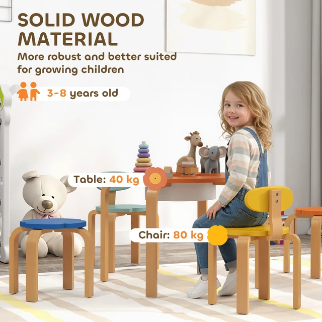 Alt view image 4 of 7 - Kids Table and Chairs Set, 5 Piece Wooden Toddler Table and Chair Set with Built in Storage Flower Shape Activity